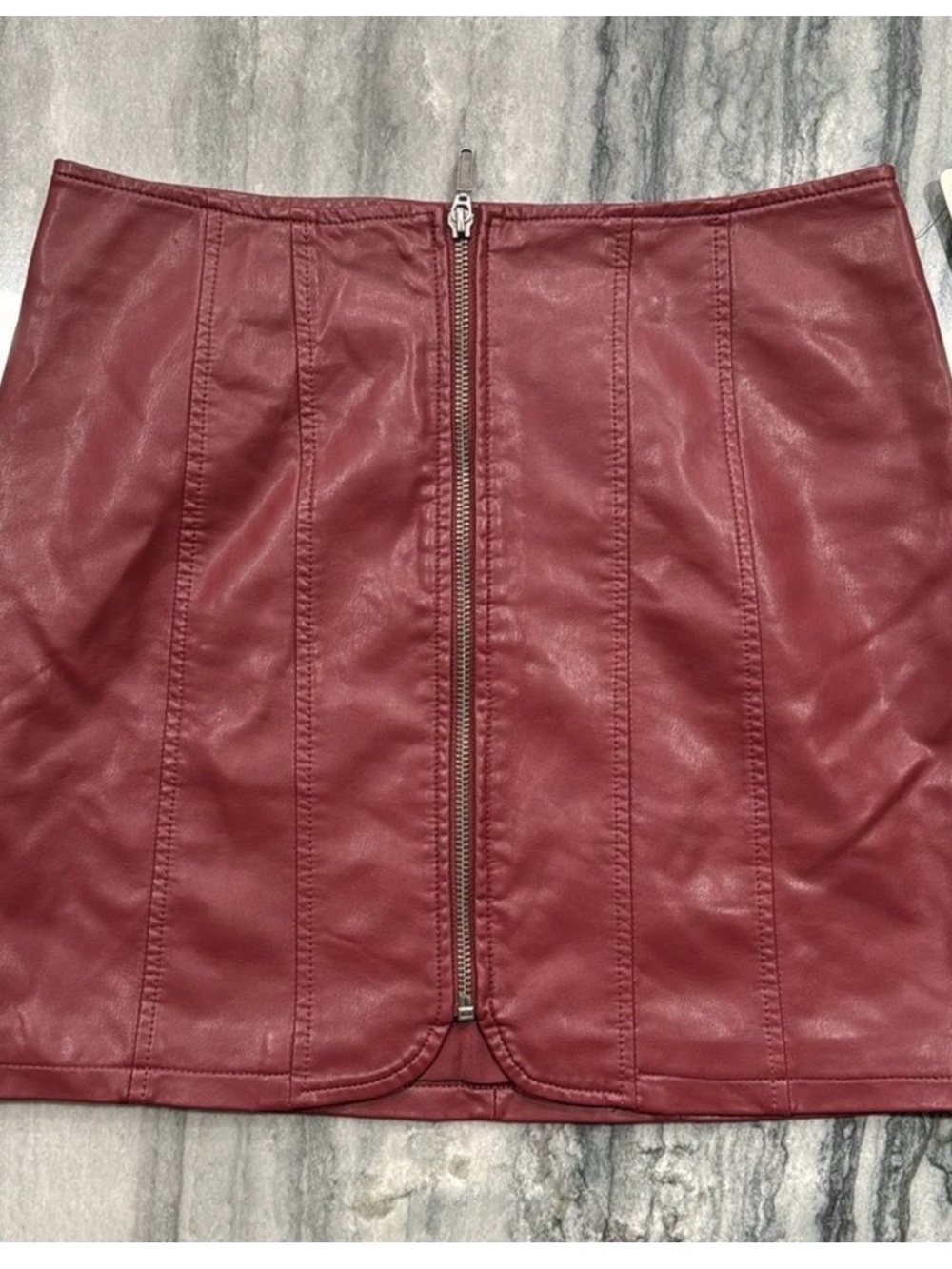 Free People Women’s Faux Leather Burgundy Zip-Front Mini Skirt